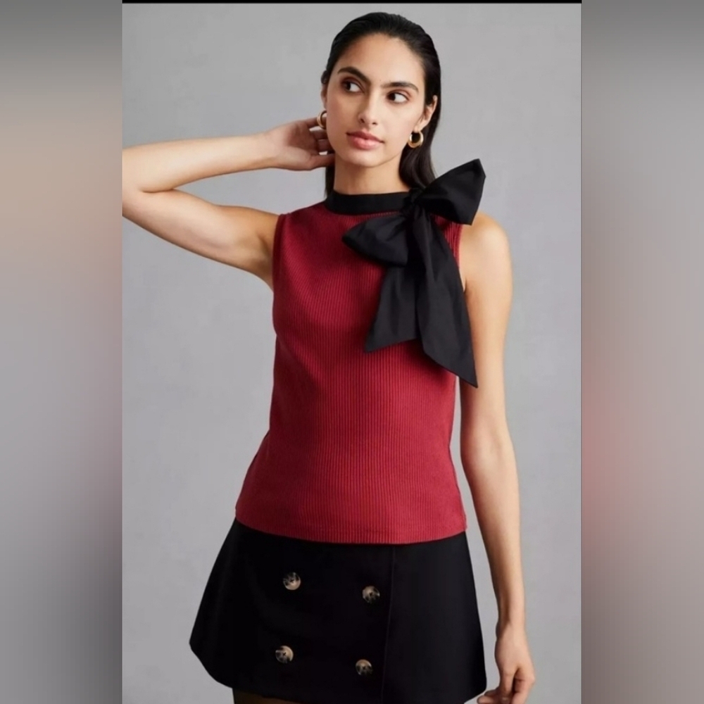 Anthropologie Red Ribbed Shell Top with Black Bow